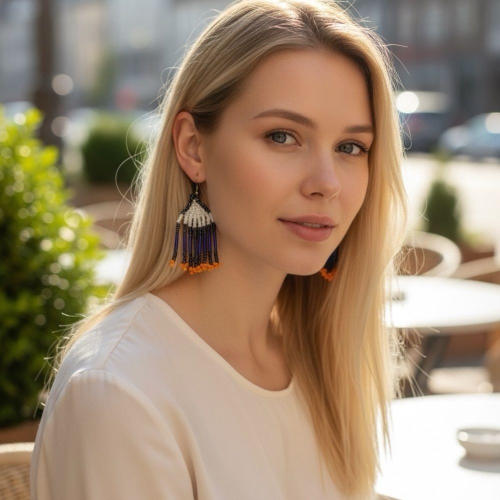 Siyakarala African Beaded Fringe earrings/ Capetown V&A Artisan / Cobalt and Ora